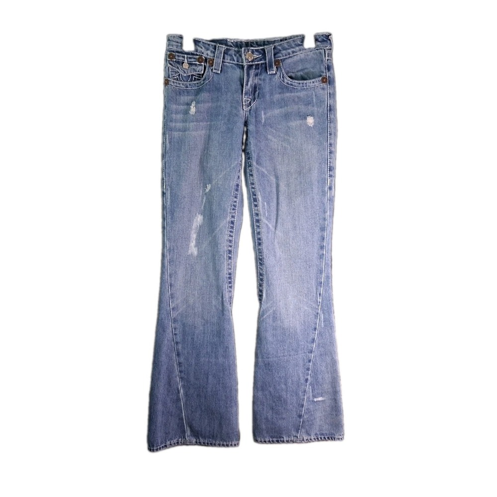 Vtg True Religion Joey Big T Distressed Flare Jeans 27 X 32" Made USA Y2K Denim